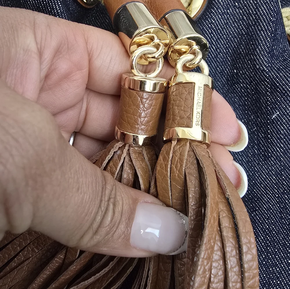 Michael Kors Blue Denim Designer Hobi Handbag With Brown Leather Tassels